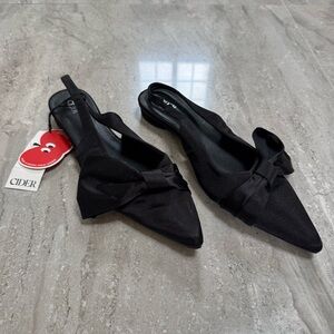 Cider Black Pointed Slingback Flats with Knot Detail